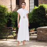 Sun Metal Belt Short Sleeve Stand-Up Collar Dress