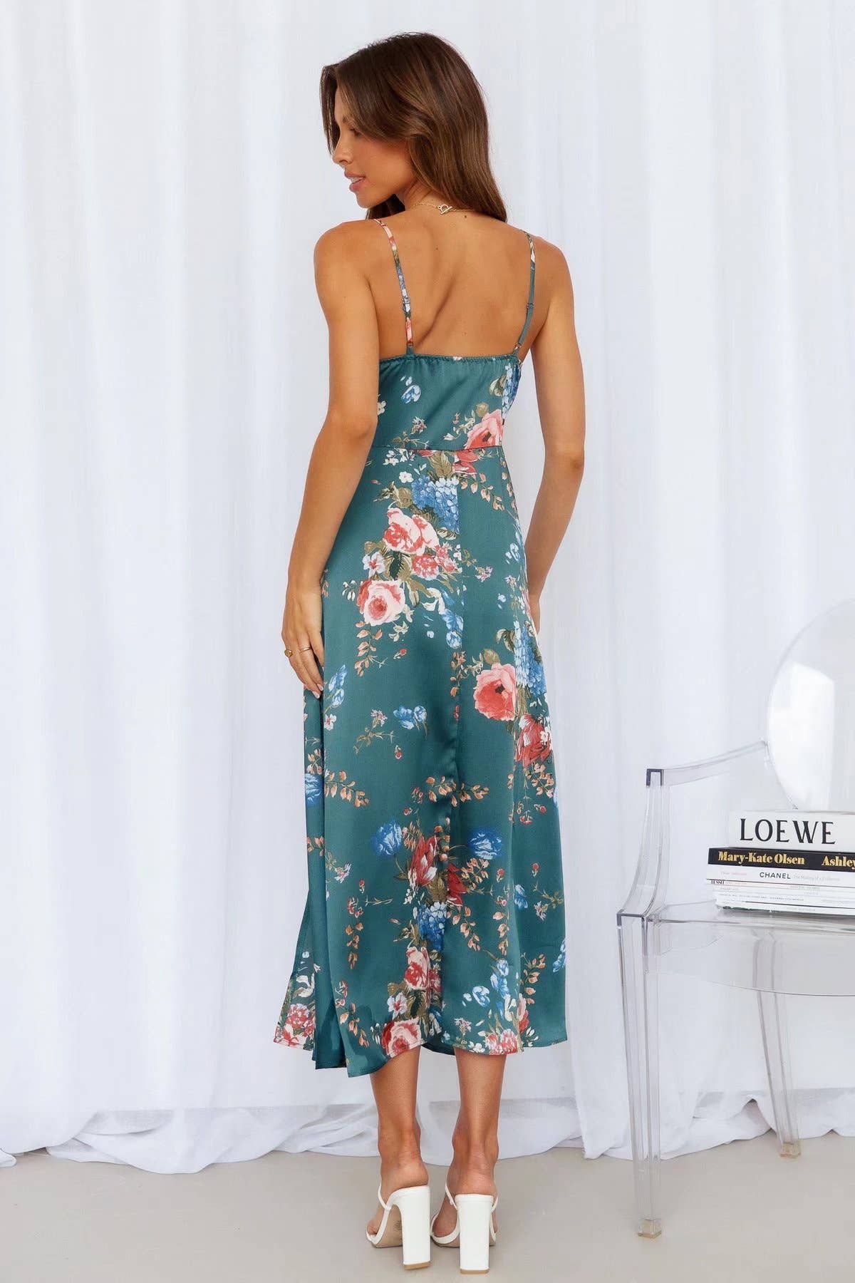 Stylish Sexy Deep V Printed Bow Back Split Dress