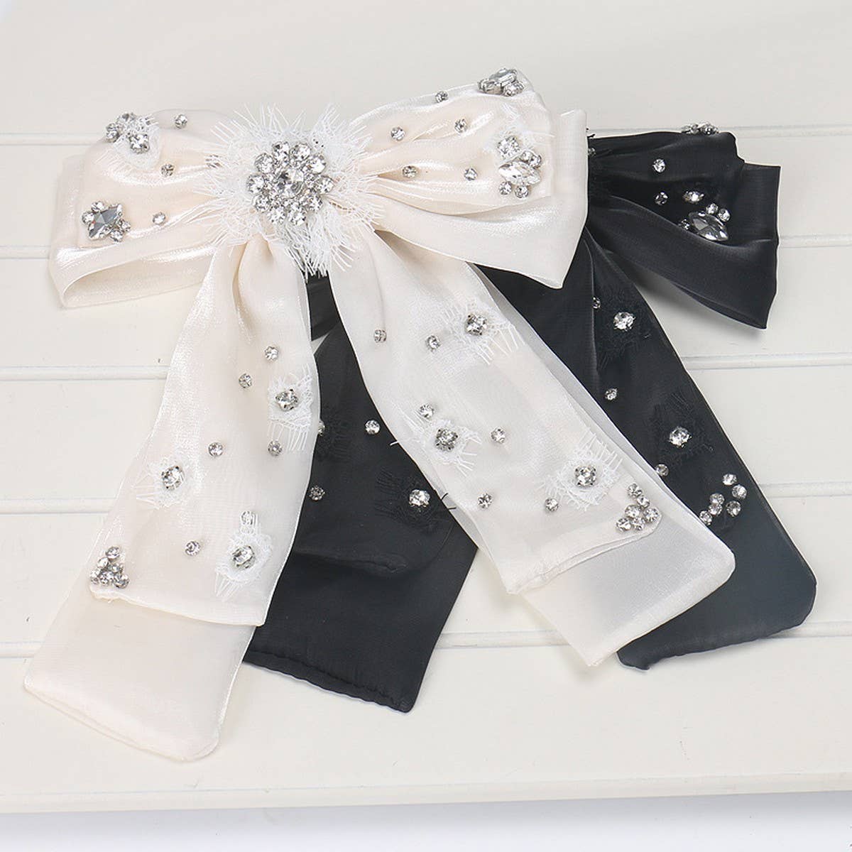 BOW SPRING CLIP ORGANZA CRYSTAL RIBBON HAIRPIN_CWAHA4413