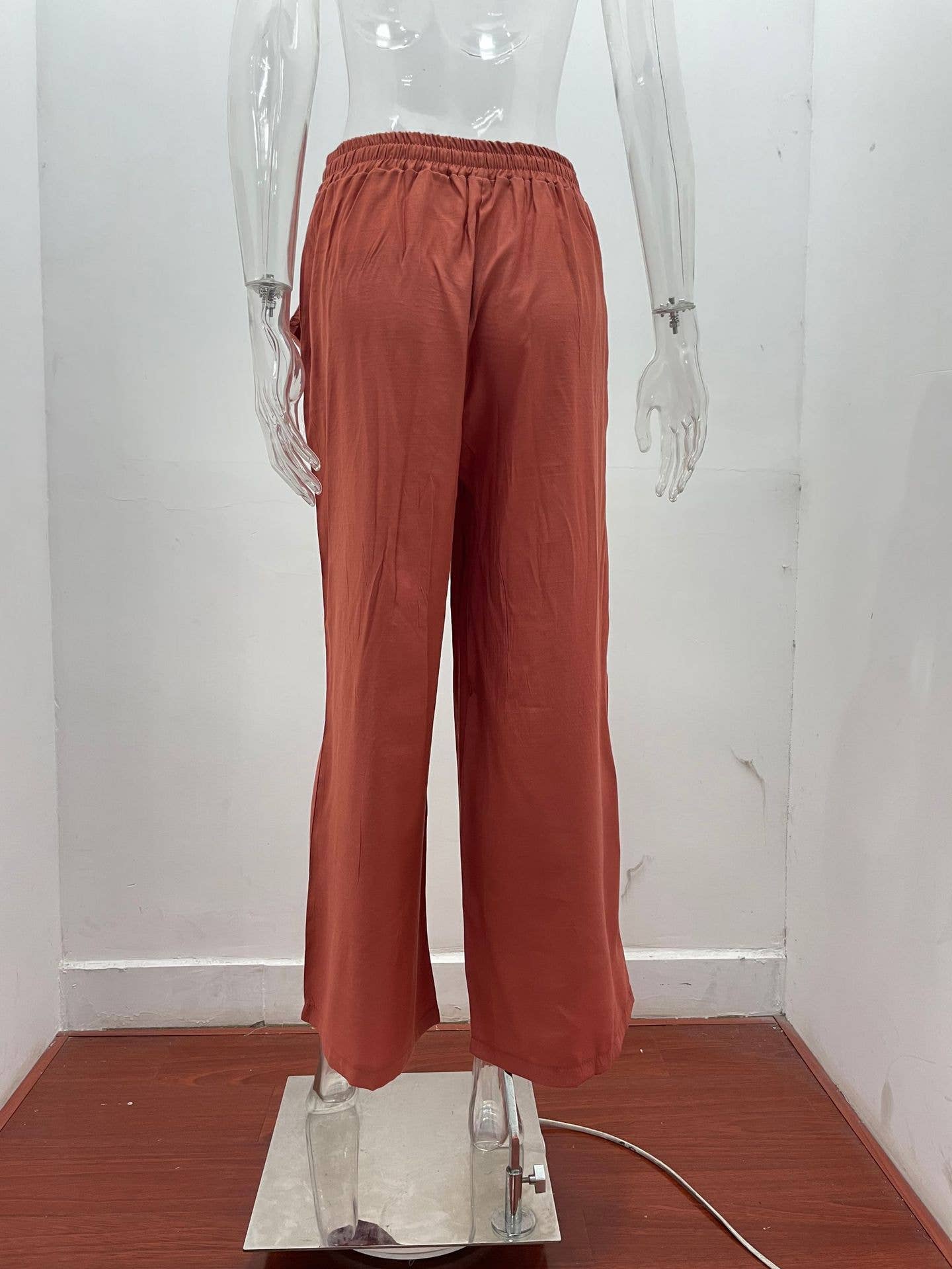 Solid-Color Loose Tight Waistband Wide-Leg Pants
