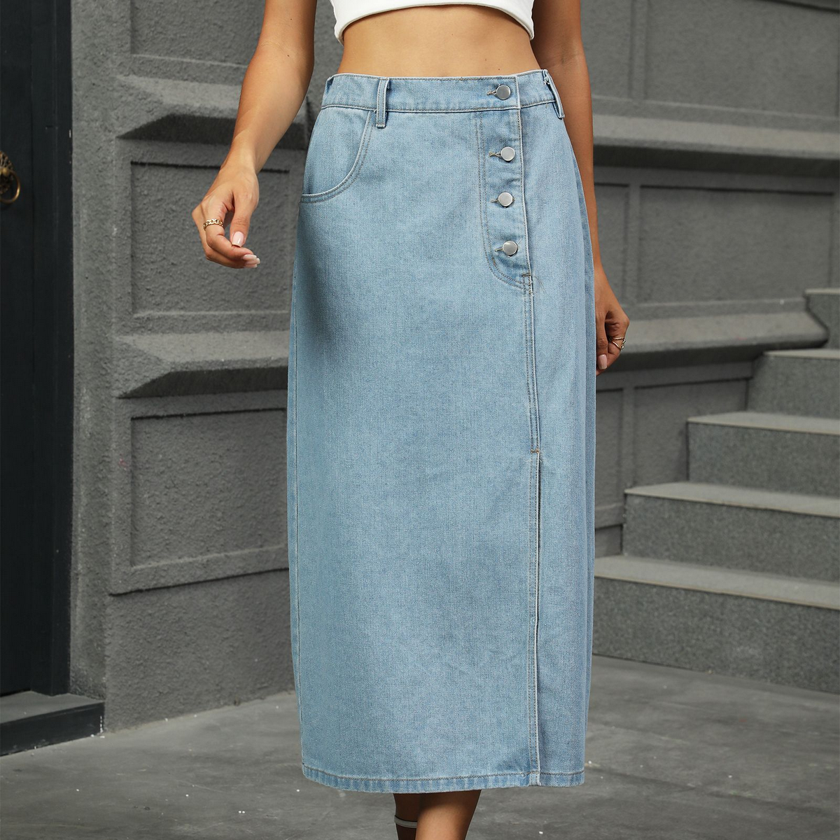 Wome Washed Denim Midi Skirt With Buttons_Cwjsk0206