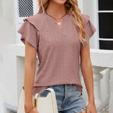 V Neck Solid Color Double Sleeved Casual T Shirt_Cwtsts0287