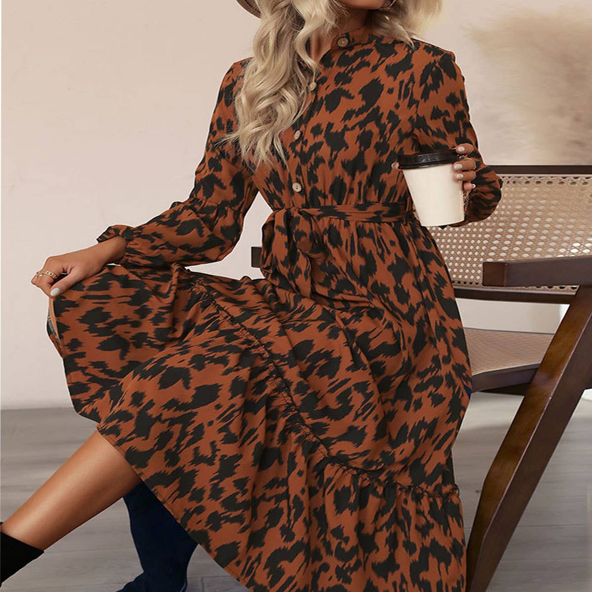 Stand Collar Long Sleeve Leopard Print Dress