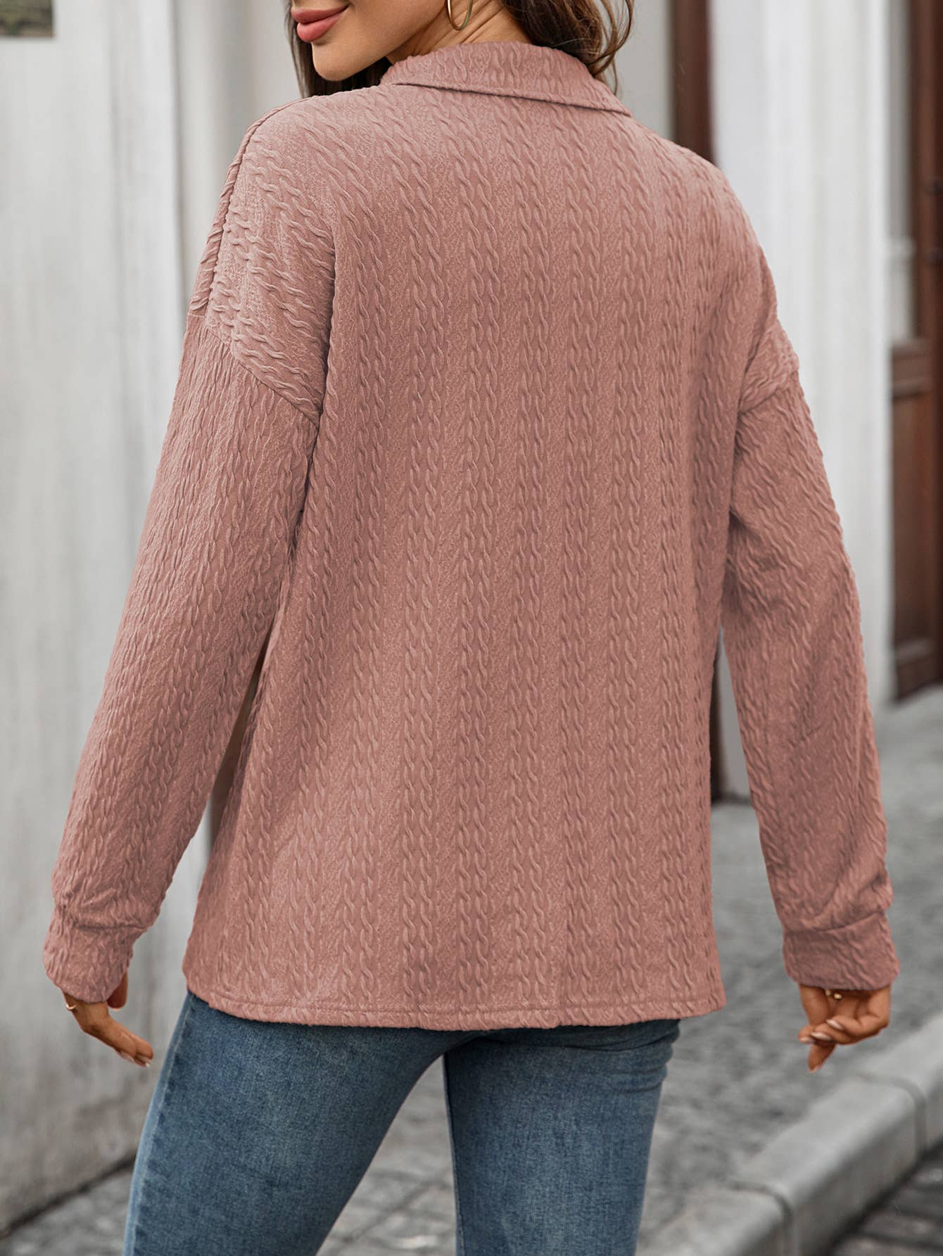 Solid-Color Lapel Button Long-Sleeved Sweatshirt