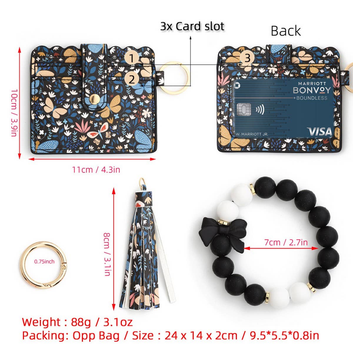 BUTTERFLY PRINT CARD HOLDER WITH BEADED KEYCHAIN_CWAB4960