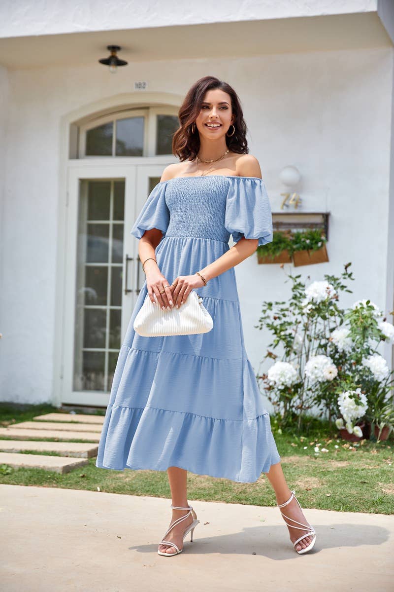 Square Neck Backless Puffy Sleeve Pleated Dress