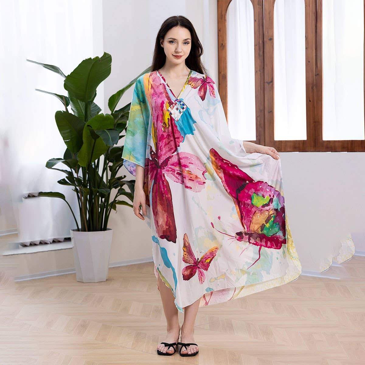 PLUS SIZE BUTTERFLY PRINT BEACH COVER UP DRESS_CWMM6199