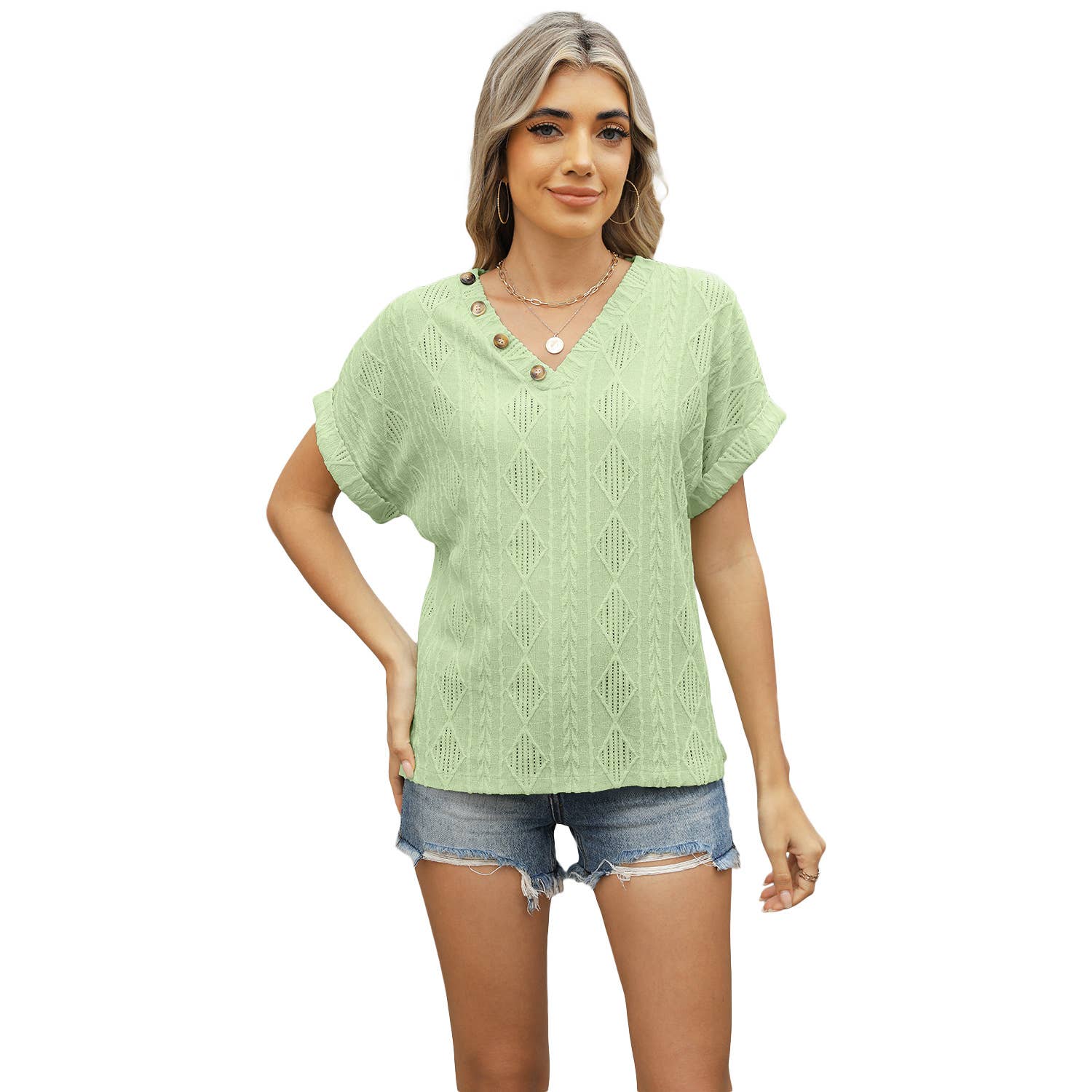 V-Neck Jacquard Loose Cutout Button T-Shirt