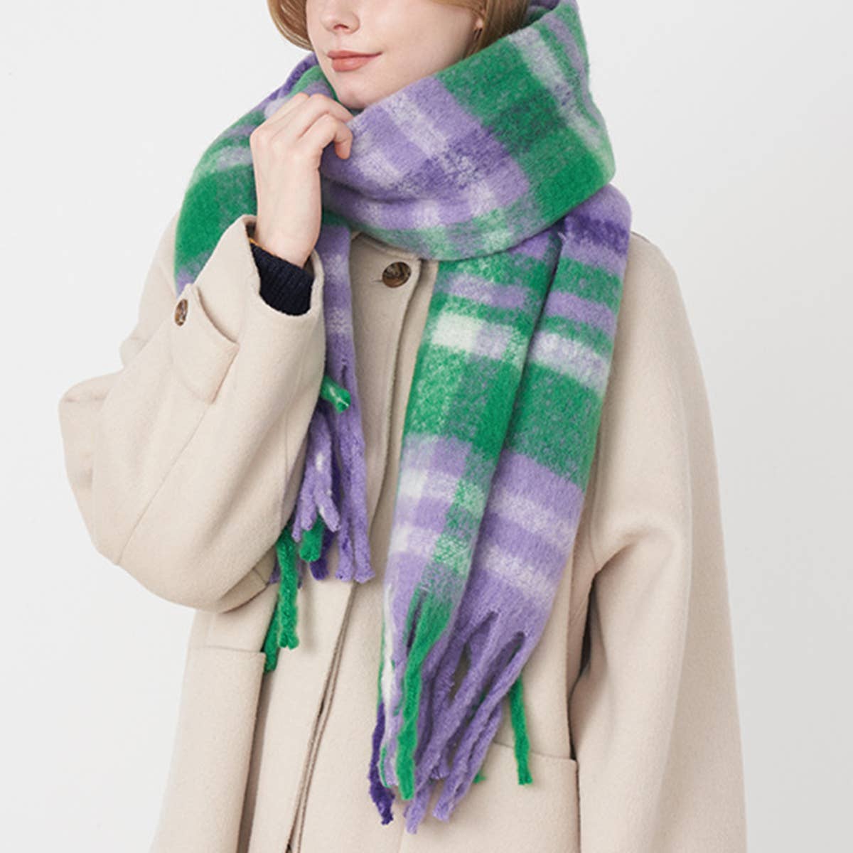 FRENCH RETRO PLAID SCARF WINTER TASSEL WRAP_CWASC0327