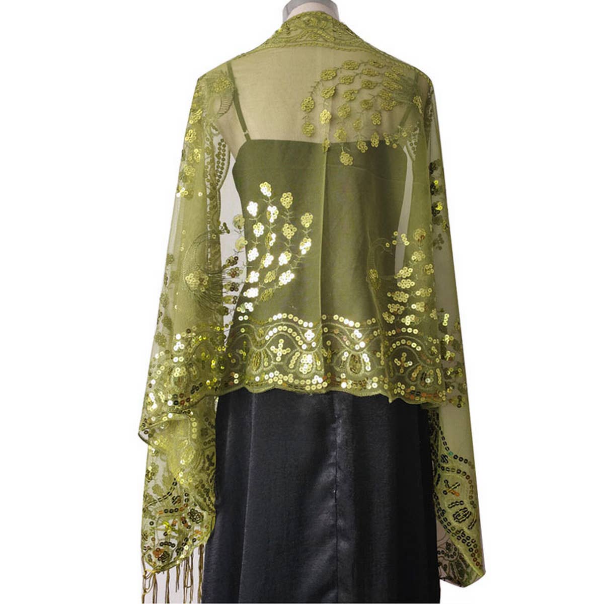 PEACOCK EMBROIDERED SEQUINED TASSEL CAPE_CWASC1077