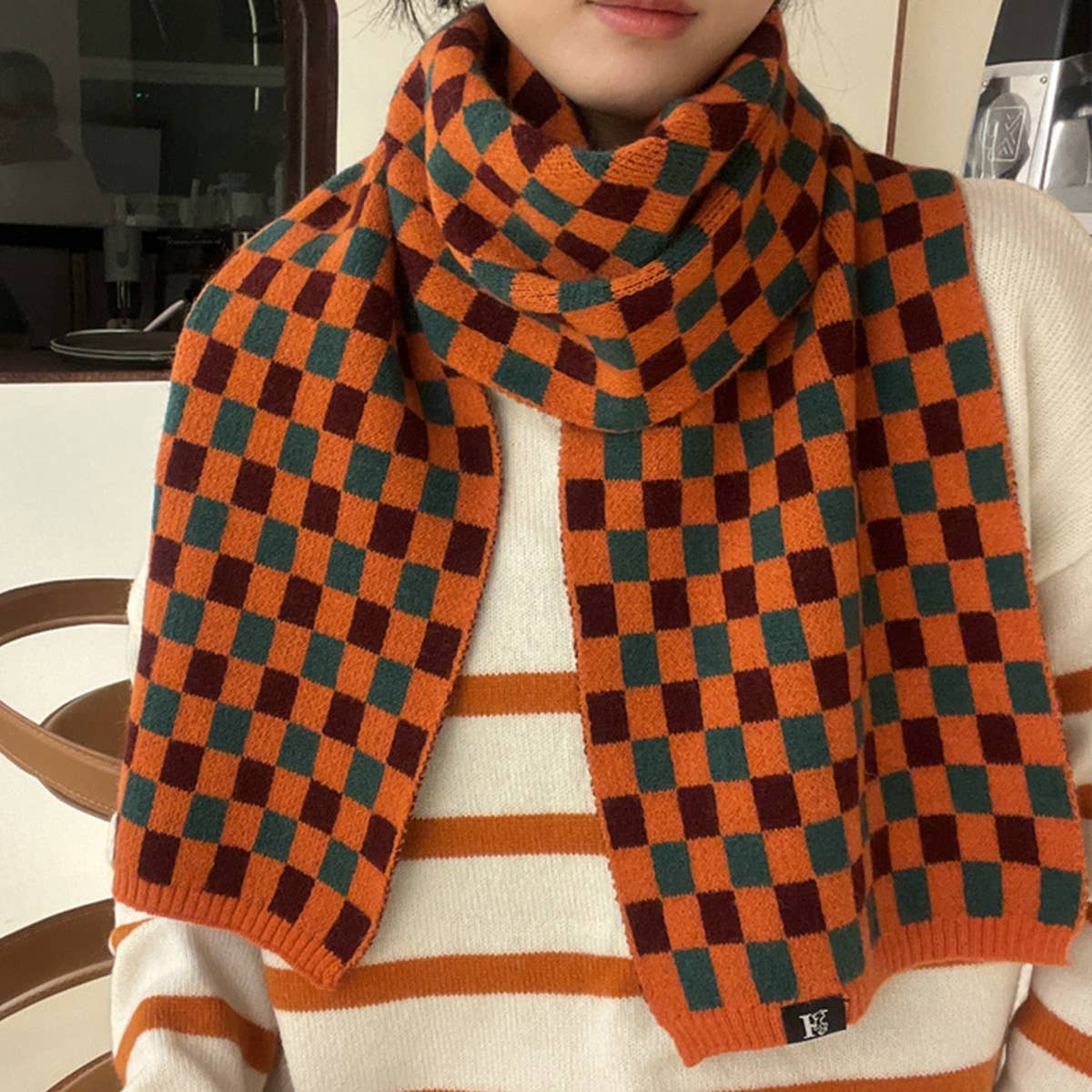 COLORBLOCK CHECKERED KNIT SCARF FOR WOMEN_CWASC1268