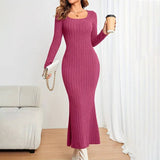 Square Collar Solid Color Long Long-Sleeved Dress