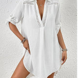 White Lace V-Neck Beach Cover Up Blouse_Cwmm6149