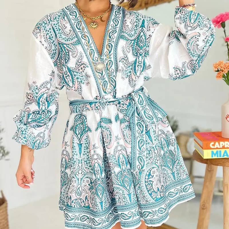 Vintage Chinese Lantern Sleeve Floral Mini Dress