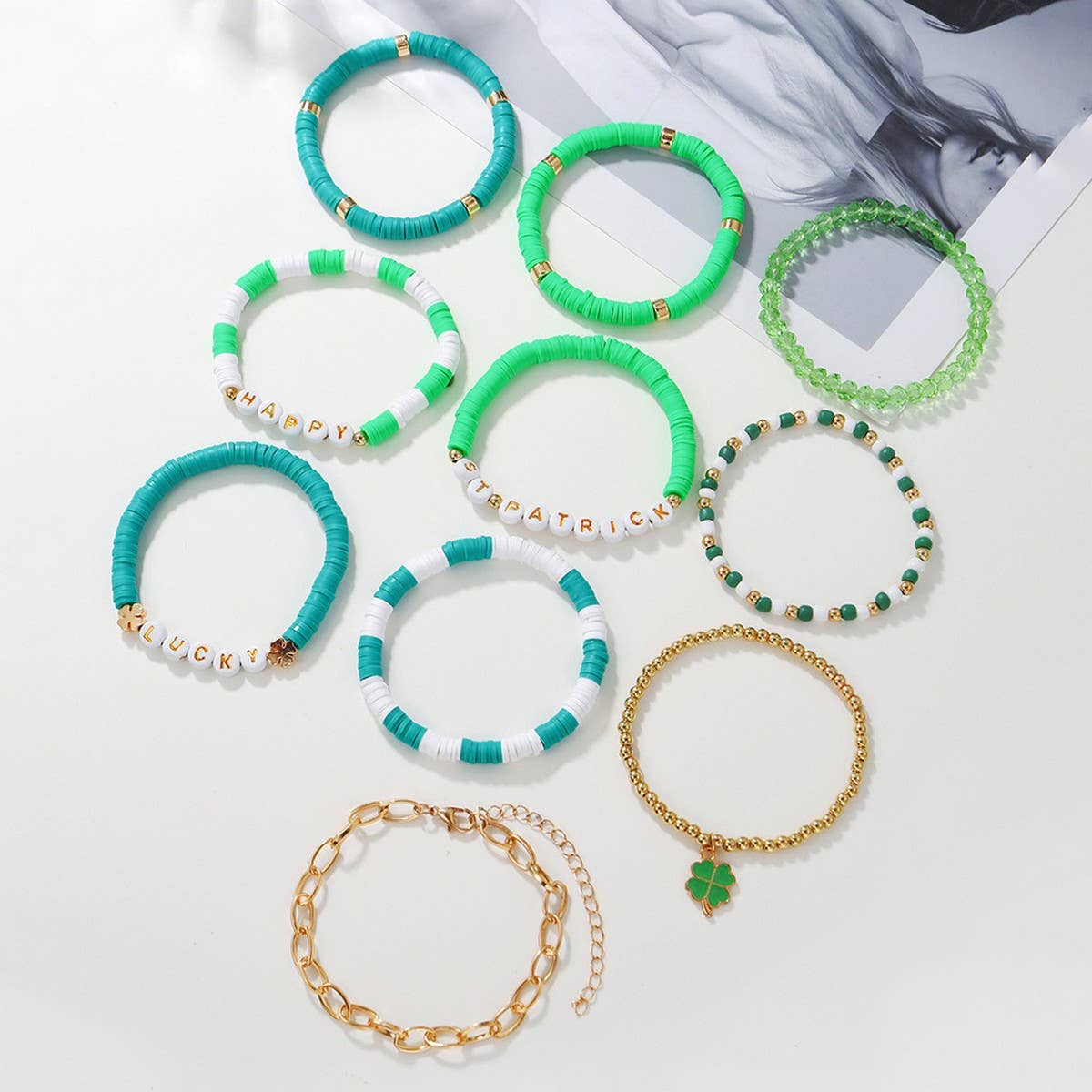 ST PATRICKS DAY FOUR LEAF CLOVER BRACELET SET_CWMM3499