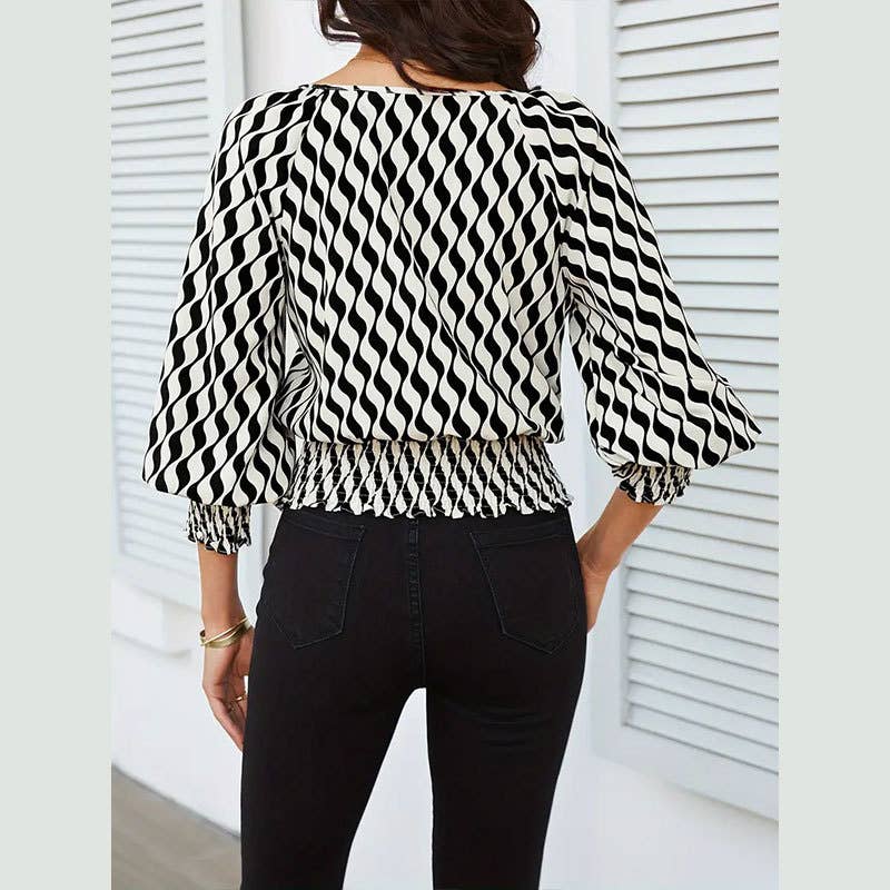 Waist-In Color Contrast Printed Long Sleevet-Shirt