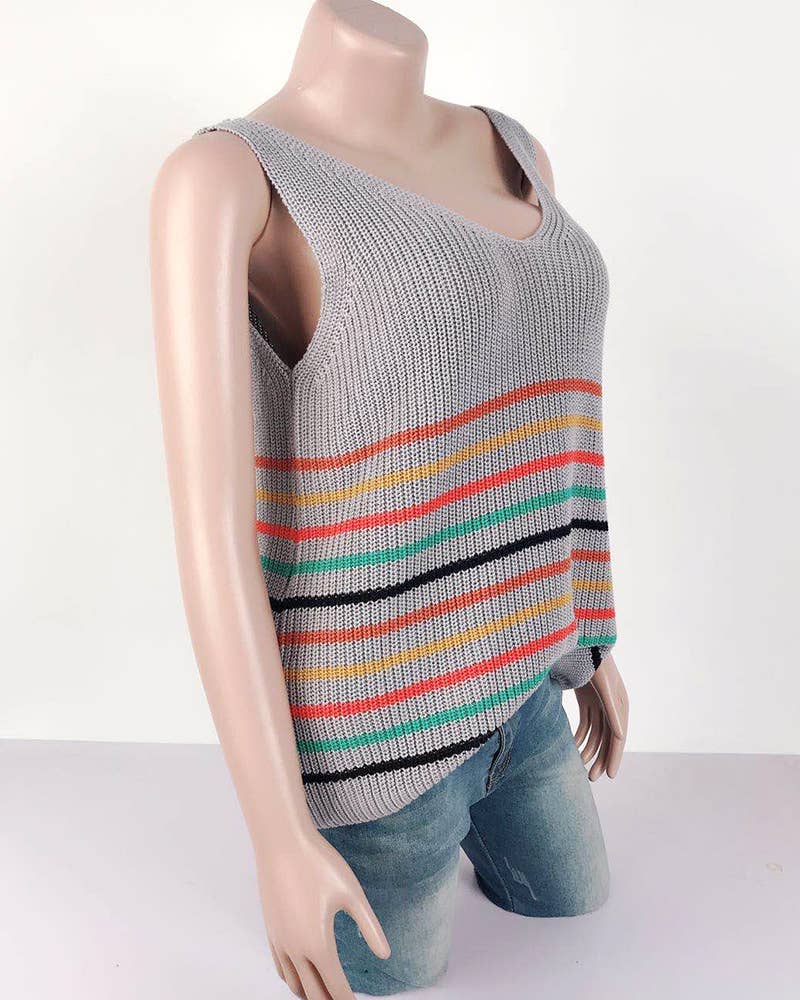 U-Neck Colored Striped Knitted I-Shaped Vest