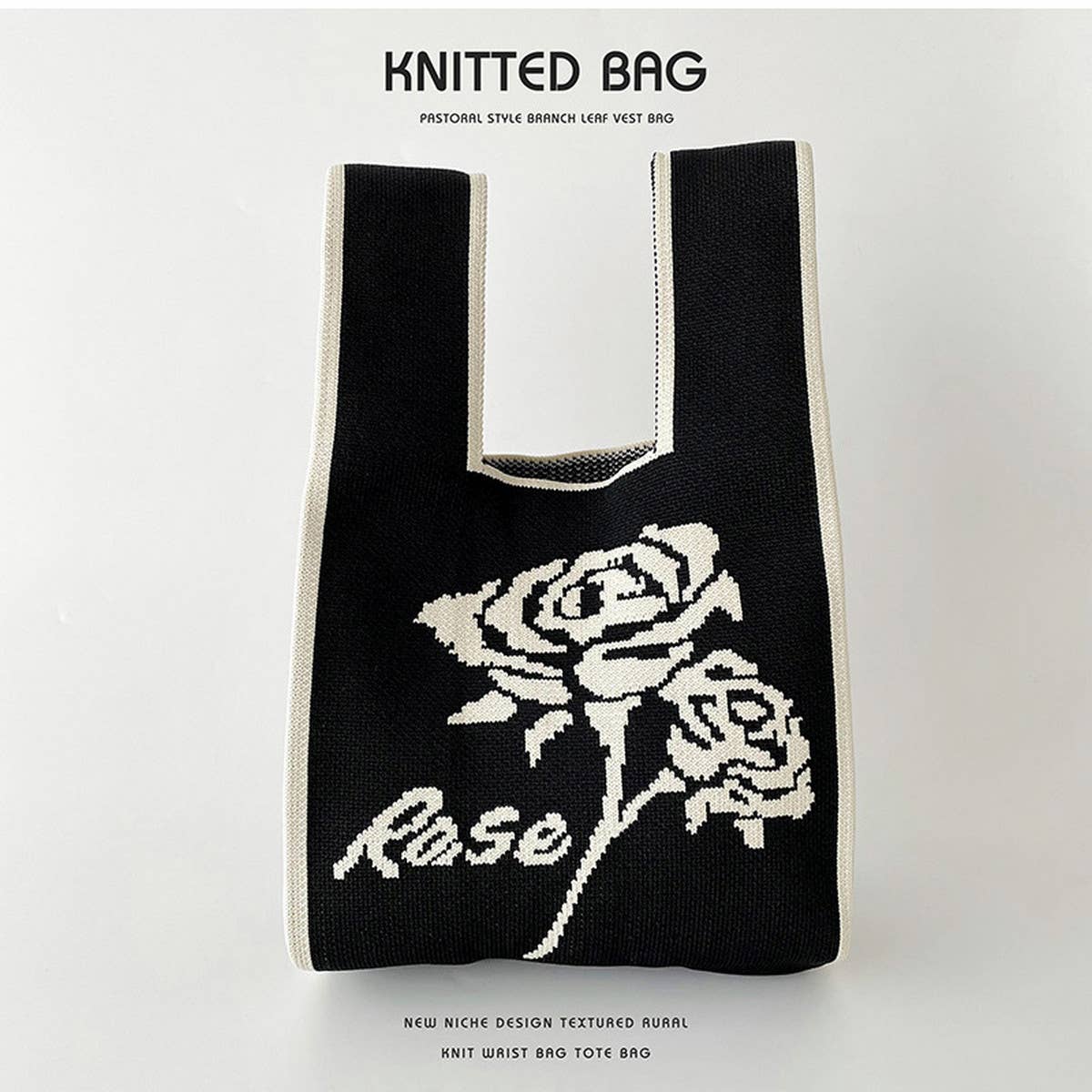 Black And White Rose Knitted Shoulder Tote Bag_Cwab1518