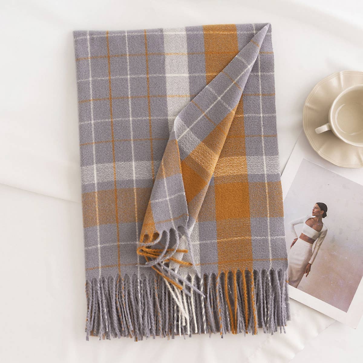 PLAID SCARF SOFT FAUX CASHMERE WINTER NECK WRAP_CWASC0444