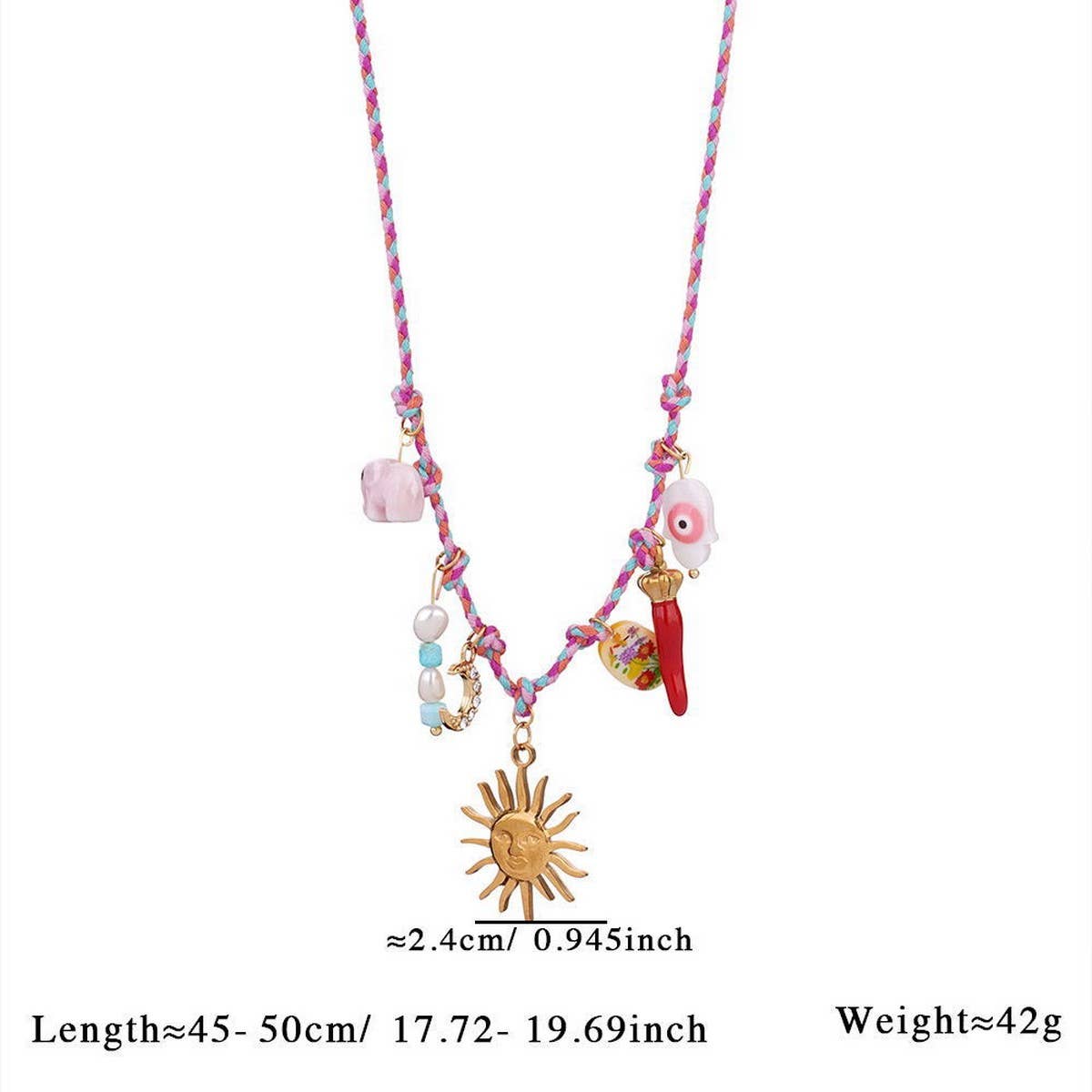 FABRIC SUN MOON NECKLACE WITH PINK CRYSTAL CHARM_CWMM7539
