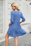 Solid Color Dress With V-Neck Pleats And Ruffles
