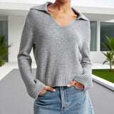 Solid-Color Loose Retro V-Neck Pullover Top