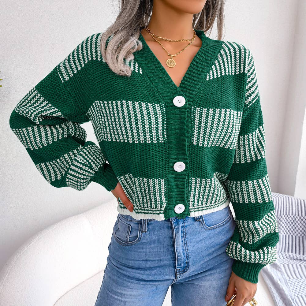 Striped Lantern Sleeve Cardigan Jacket