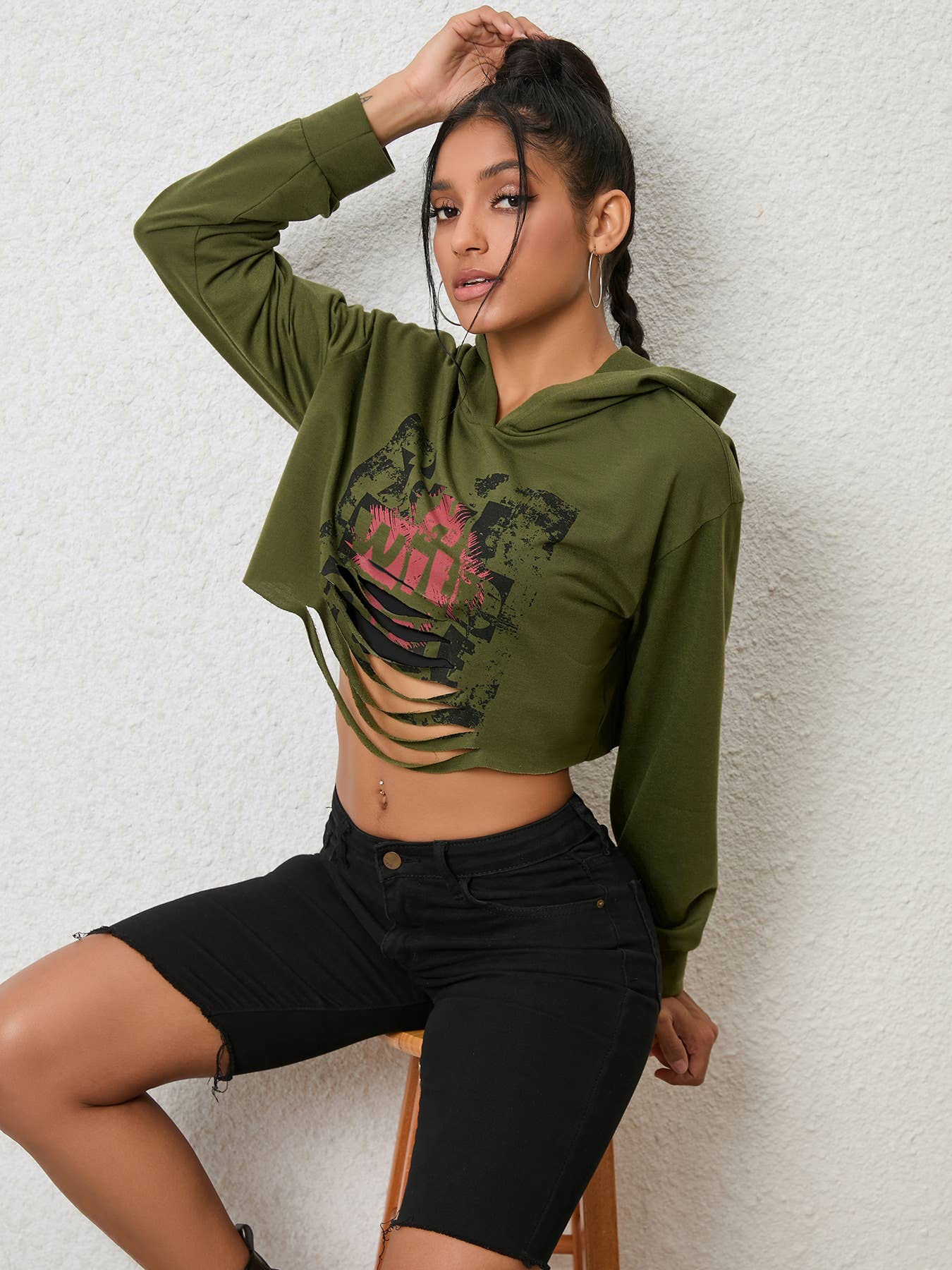 Solid Color Crop Hoodie Streetwear With Sleeves
