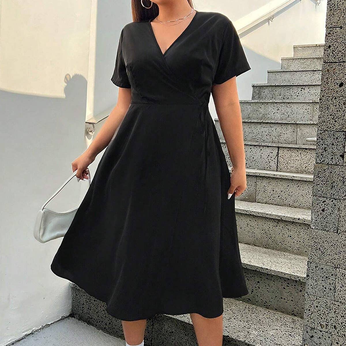 Womens Neck Split Midi Dress Solid Color_Cwdmd6036