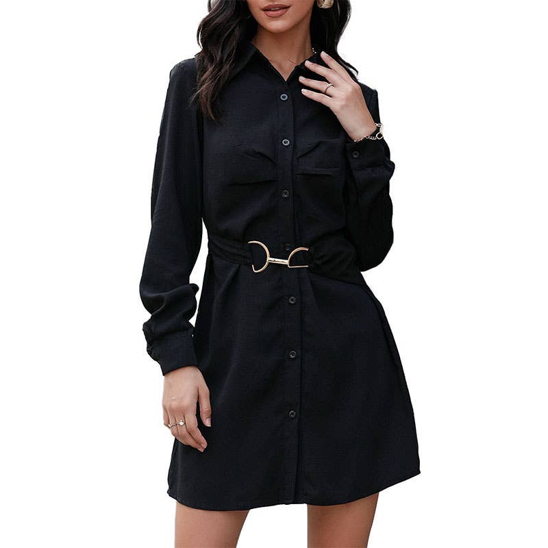 Solid-Color Lapel Slimming Elegant Shirt Dress