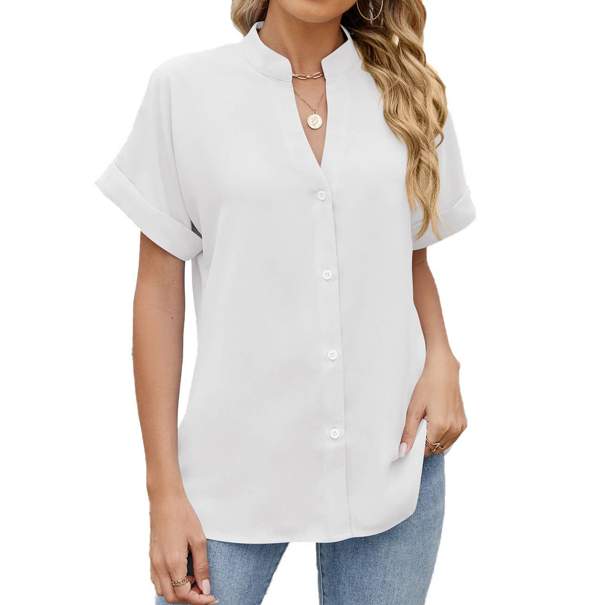 Solid Color V-Neck Short Sleeve Button Chiffon
