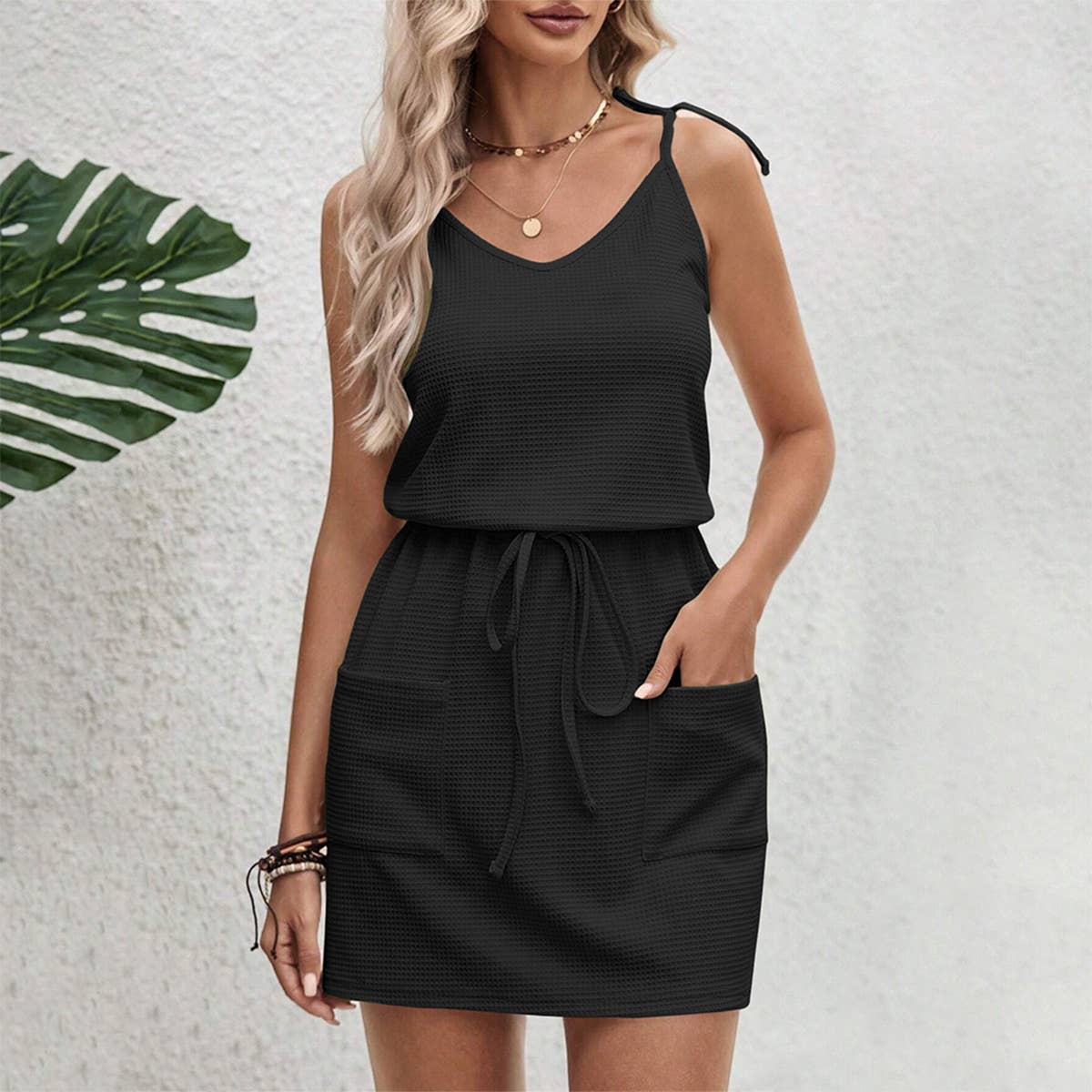V-Neck Slit Strap Waist Irregular Dress