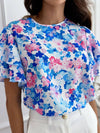 Printed Lotus Sleeve Round Neck Short Sleeve Top