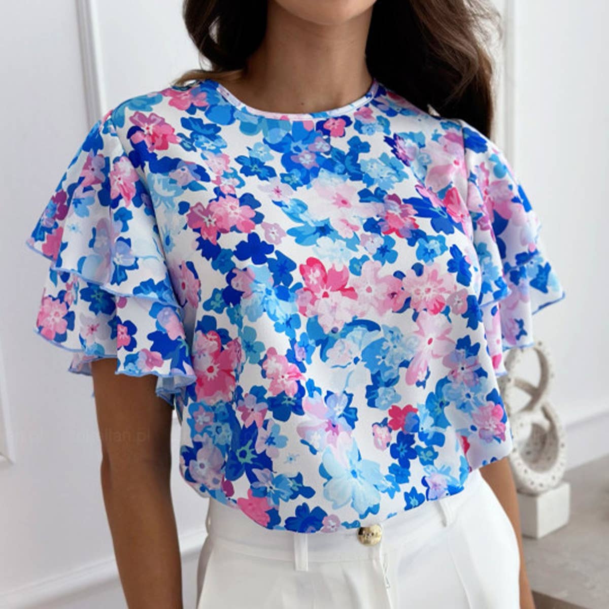Printed Lotus Sleeve Round Neck Short Sleeve Top