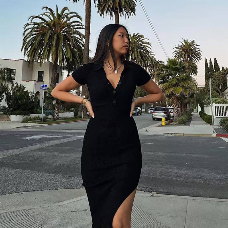 Temperament Trend Lapel Short-Sleeved Slit Dress