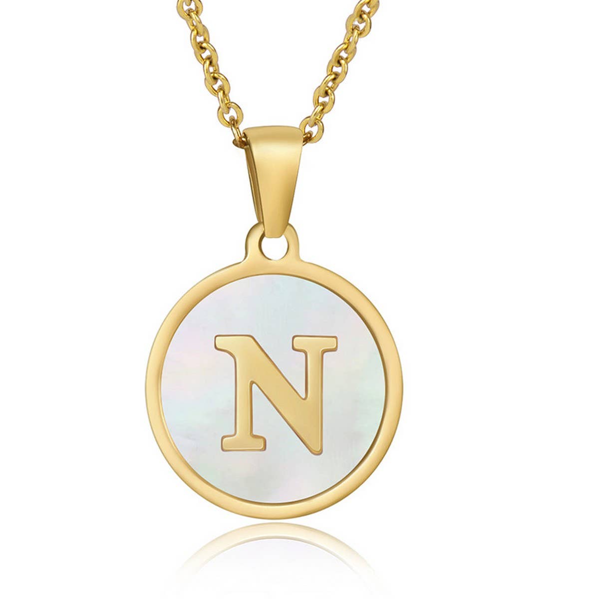 Cwaje1934_Round Stainless Steel White Shell Letter Necklace