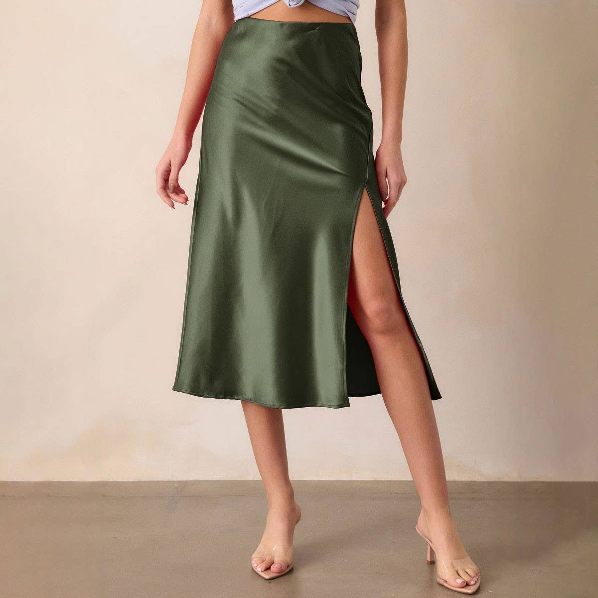 SATIN SKIRT HIGH WAIST ELASTIC SLANTED LONG SKIRT_CWBSS0387