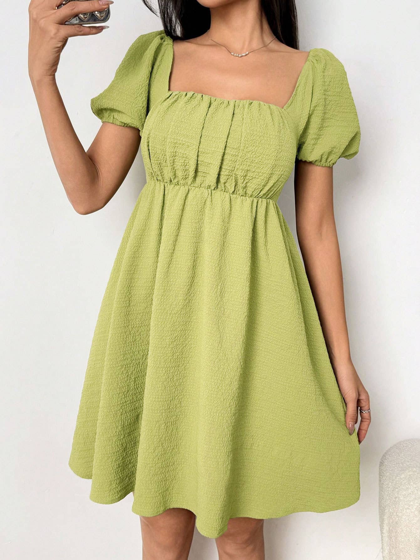 Square Collar And A Cinched Waist Short Dress