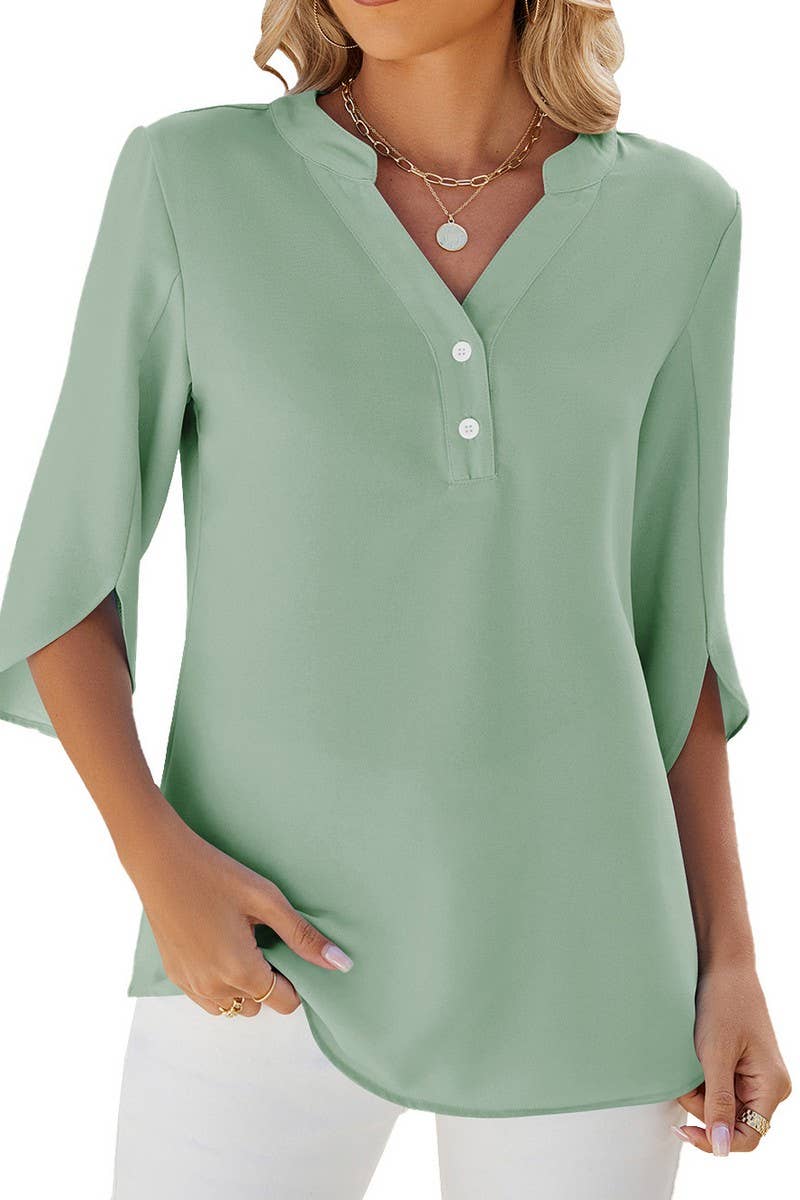 V Neck Button Solid Color Casual Chiffon Shirt_Cwtsts0185