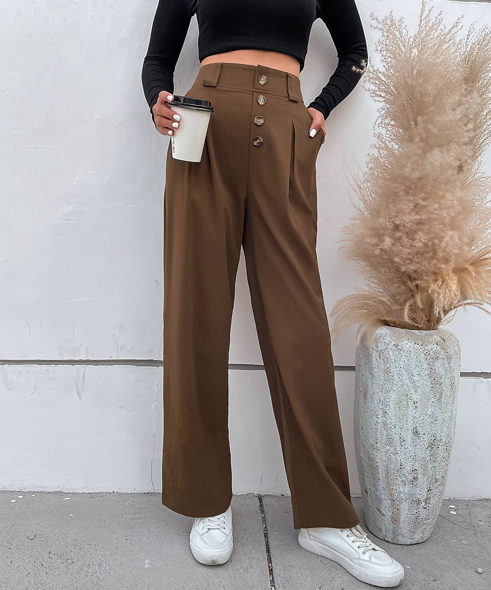 Solid Color High-Waisted Straight-Leg Pants