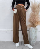 Solid Color High-Waisted Straight-Leg Pants