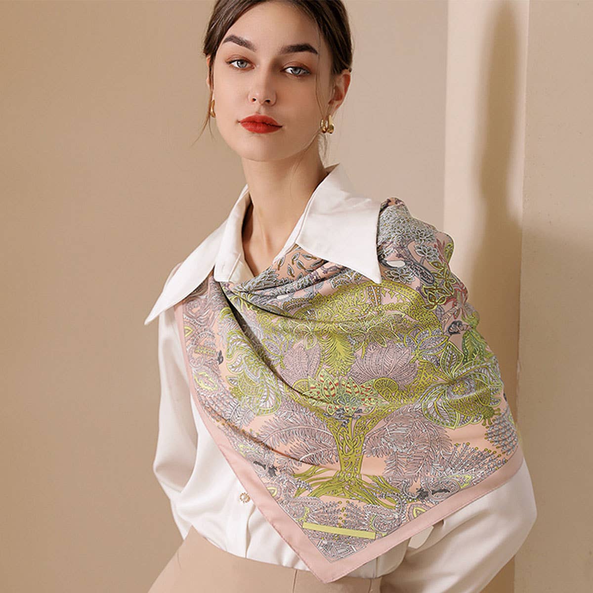 Vintage French Print Scarf 90Cm Silk Feel Square