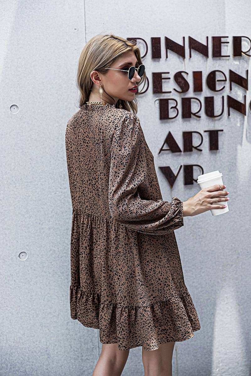 V-Neck Leopard Print Ruffled Long-Sleeved Dress