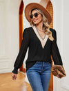 Cwtbll2401_V-Neck Lace Stitching Long-Sleeved Casual Top