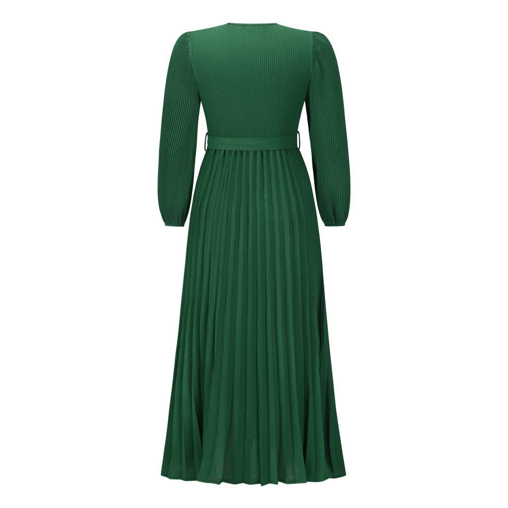 V Neck Long Sleeve Pleated Belted Midi Dress