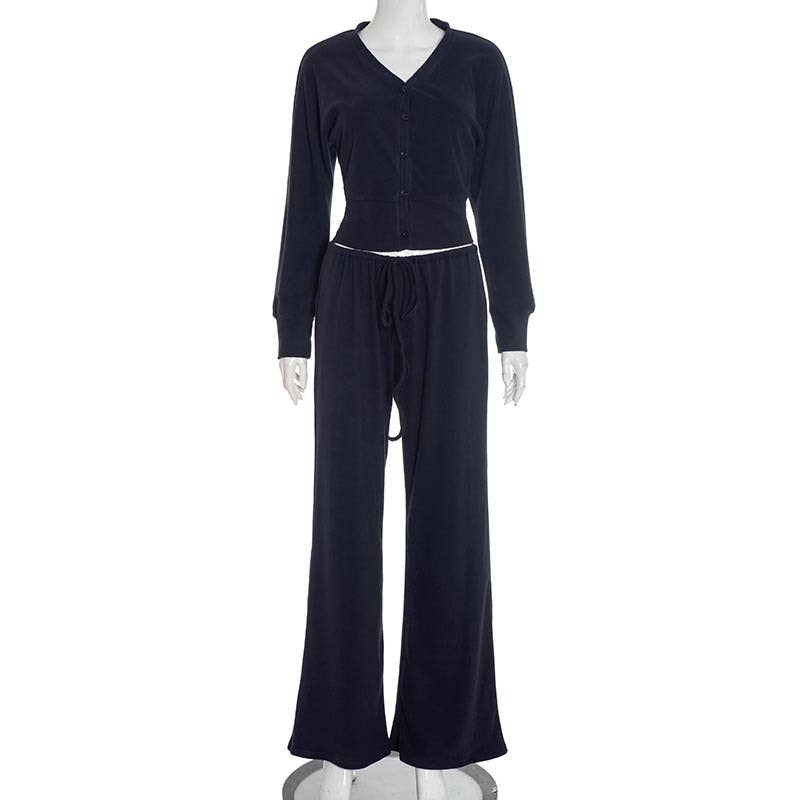 V-Neck Fitted Cardigan Lace-Up Wide-Leg Pant Set