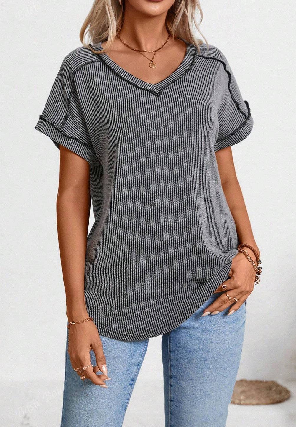 Womens Fashion Colorblock Twist V-Neck Tee