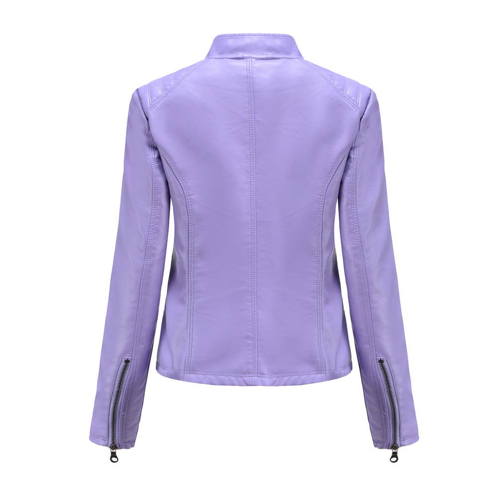 Womens Leather Stand-Up Collar Jacket