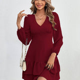 V-Neck Backless Lace Long-Sleeved Dress With Ruffles