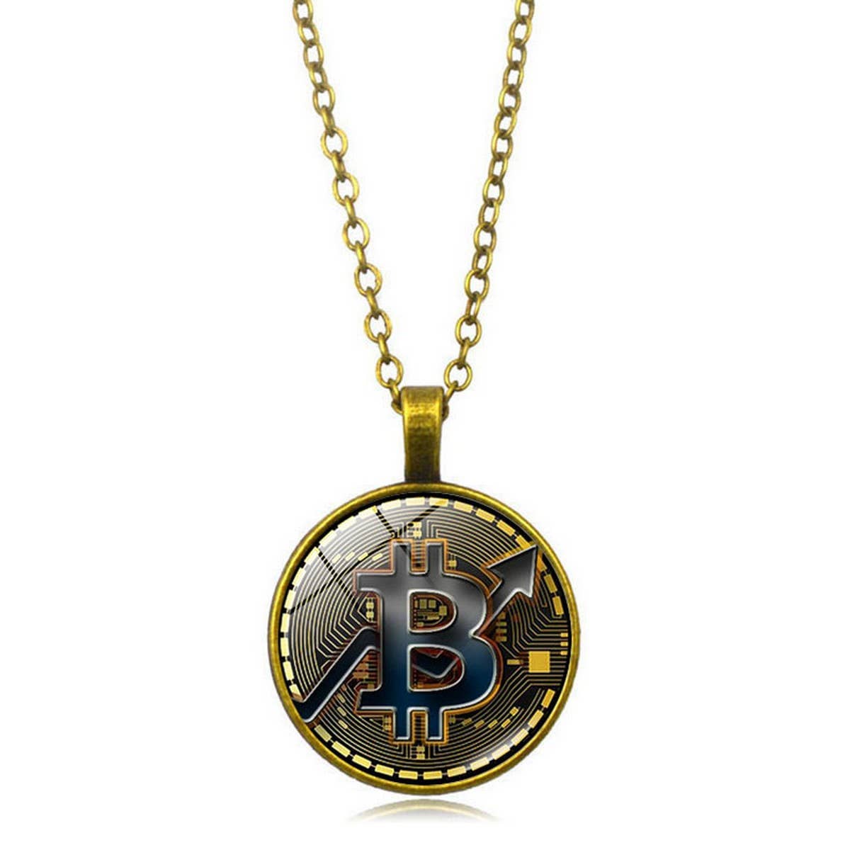 GOLD COIN BITCOIN TIME GEMSTONE PENDANT NECKLACE_CWAJE0704